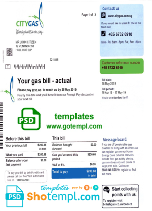 editable template, Singapore City Gas utility bill template, fully editable in PSD format