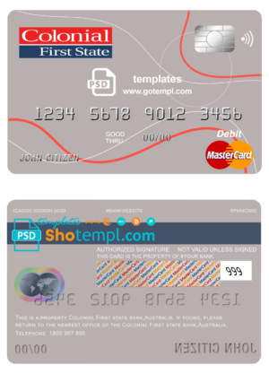 editable template, Australia Colonial First State Bank mastercard debit card template in PSD format, fully editable