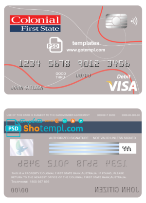 editable template, Australia Colonial First State Bank visa card debit template in PSD format, fully editable