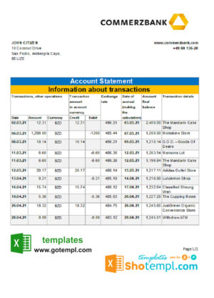 editable template, Belize Commerzbank bank statement easy to fill template in Excel and PDF format