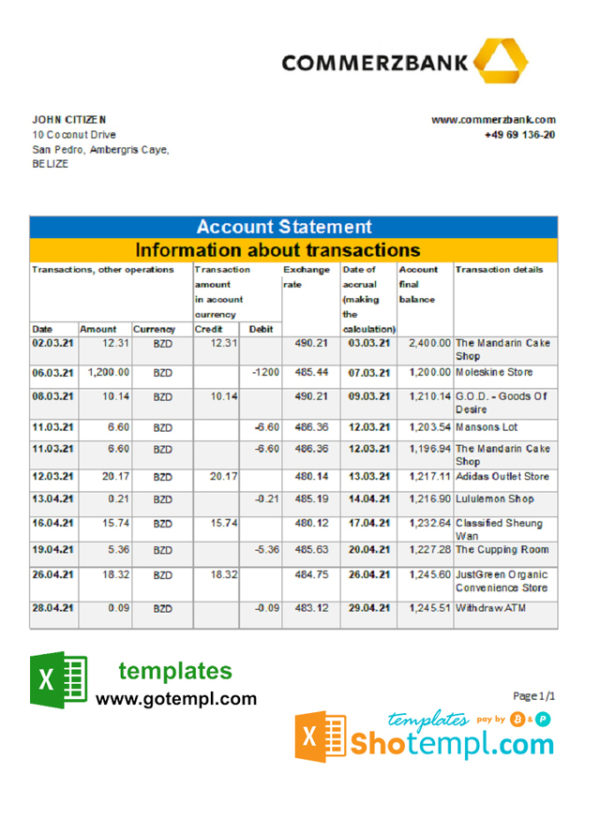 editable template, Belize Commerzbank bank statement easy to fill template in Excel and PDF format