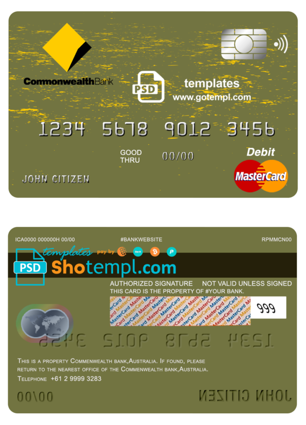 editable template, Australia Commonwealth Account Bank mastercard debit card template in PSD format, fully editable