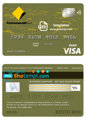 editable template, Australia Commonwealth Account Bank visa card template in PSD format, fully editable