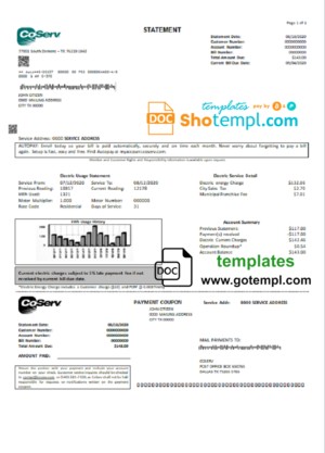 editable template, USA Texas CoServ utility bill template in Word and PDF format