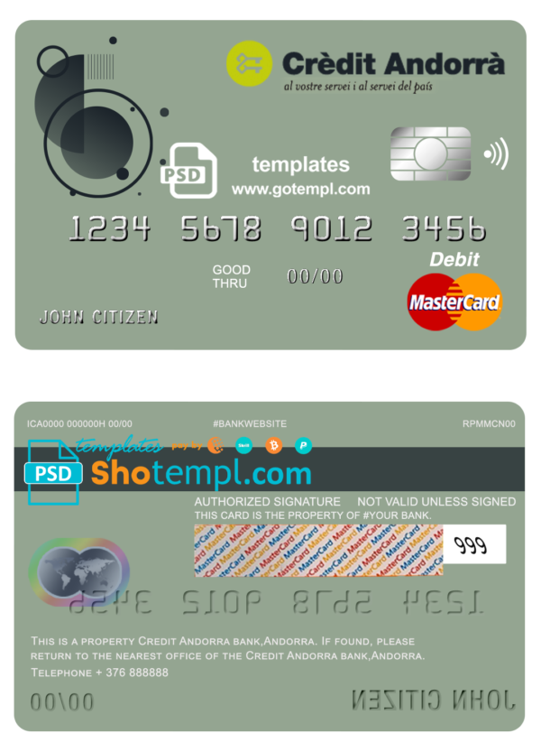 editable template, Andorra Credit Andorra bank mastercard debit card template in PSD format, fully editable