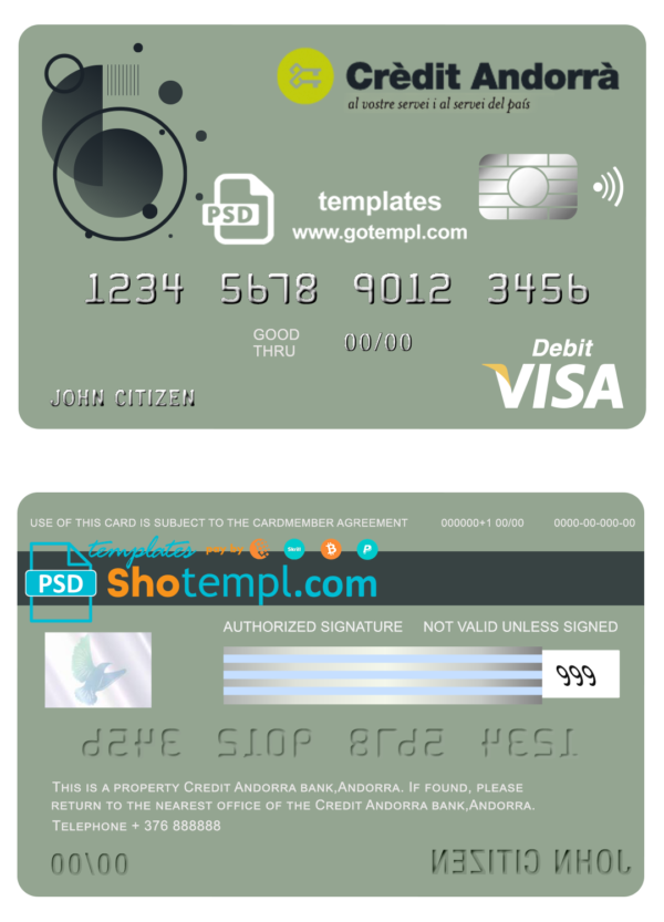editable template, Andorra Credit Andorra bank visa card debit card template in PSD format, fully editable