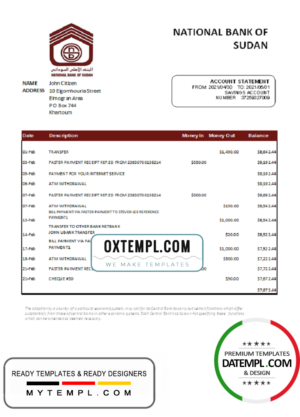 editable template, Sudan National Bank of Sudan bank statement easy to fill template in Excel and PDF format