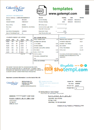 editable template, USA Columbia Gas of Ohio utility bill template in Word and PDF format