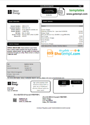 editable template, USA Texas Direct Energy utility bill template in Word and PDF format