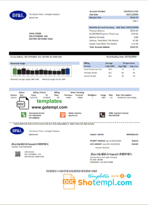 editable template, USA Ohio DP&L utility bill template in Word and PDF format