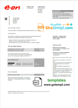 editable template, United Kingdom E.ON utility bill template in Word and PDF format, version 2