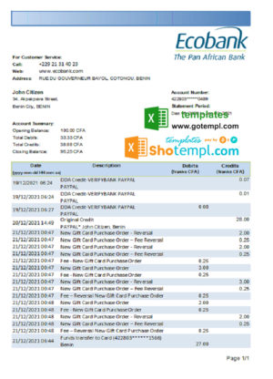 editable template, Benin Ecobank bank statement easy to fill template in .xls and .pdf file format