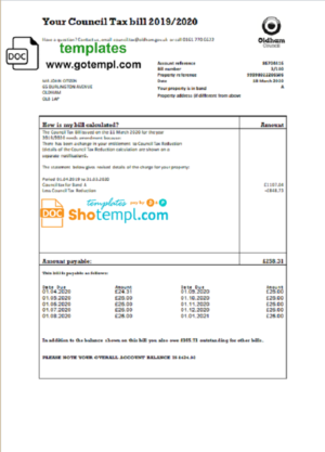 editable template, United Kingdom Oldham council tax bill template in Word and PDF format
