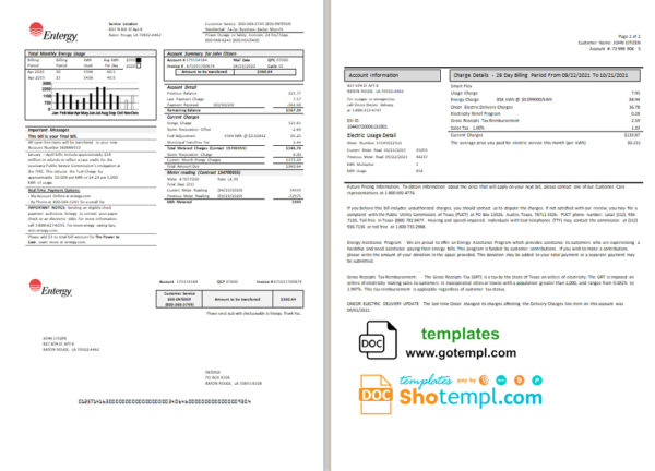 editable template, USA Entergy electricity utility bill template in Word and PDF format (2 pages)
