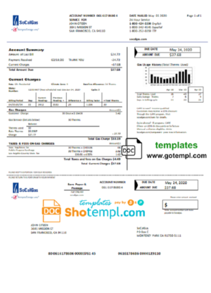 editable template, USA California SoCal Gas utility bill template in Word and PDF format