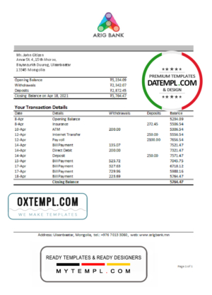 editable template, Mongolia Arig Bank statement easy to fill template in .xls and .pdf file format