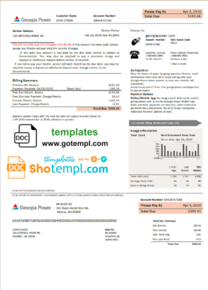 editable template, USA Georgia Power utility new brand bill template in Word and PDF format, fully editable