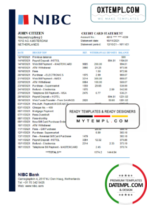 editable template, Netherlands NIBC Bank statement easy to fill template in .xls and .pdf file format