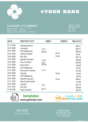editable template, # glue industry universal multipurpose bank statement template in Word format
