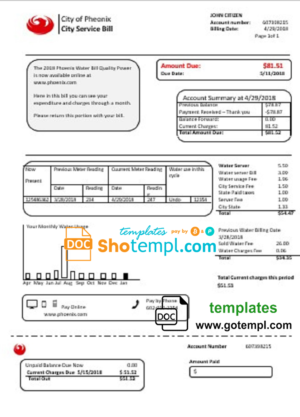 editable template, USA Arizona City of Phoenix utility bill template in Word and PDF format