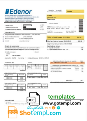 editable template, Argentina Edenor easy to fill utility bill template in Word (.doc) and PDF (.pdf) format