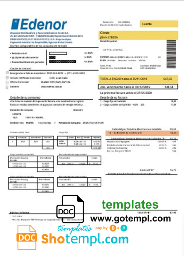 editable template, Argentina Edenor easy to fill utility bill template in Word (.doc) and PDF (.pdf) format