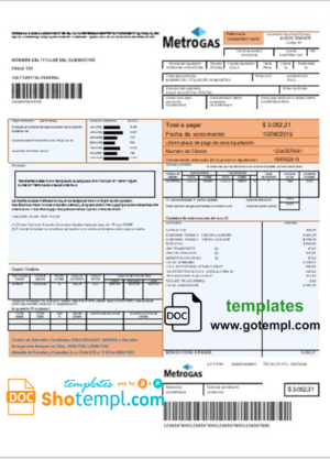 editable template, Argentina Metrogas easy to fill utility bill template in Word and PDF format