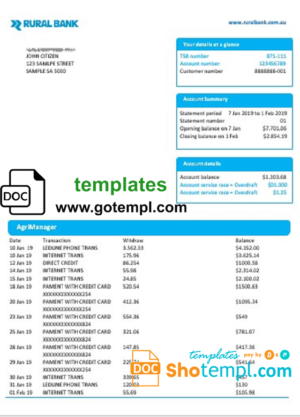 editable template, Australia Rural bank proof of address statement template in Word and PDF format