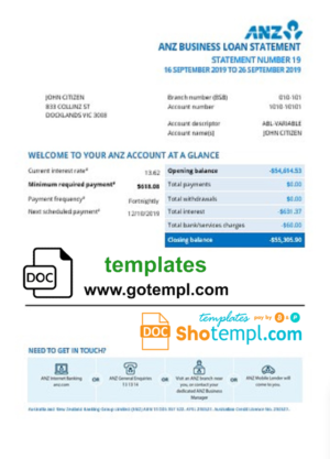 editable template, Australia ANZ proof of address bank statement template in .doc and .pdf format, fully editable