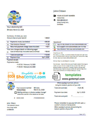 editable template, Cambodia Solar Green Energy Cambodia Co utility bill template in Word and PDF format