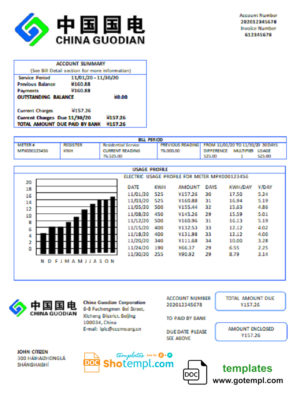 editable template, China Guodian Corporation electricity utility bill template in Word and PDF format