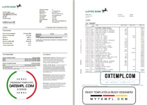 editable template, United Kingdom Lloyds bank statement template in Excel and PDF format (2 pages)