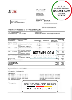 editable template, Switzerland UBS bank statement template in Word and PDF format, version 2
