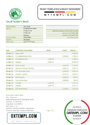 editable template, Sudan Saudi Sudanese Bank statement easy to fill template in .xls and .pdf file format