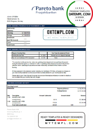 editable template, Norway Pareto bank statement easy to fill template in Excel and PDF format