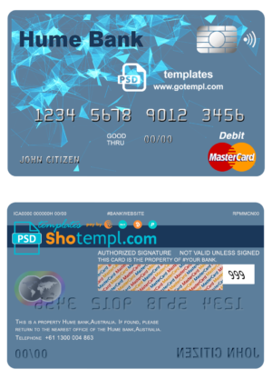 editable template, Australia Humebank bank mastercard debit card template in PSD format, fully editable