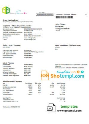 editable template, Hungary E2 utility bill template in Word and PDF format