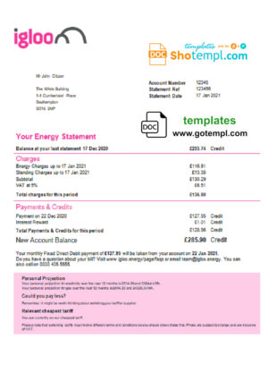 editable template, United Kingdom Igloo Energy utility bill template in Word and PDF format