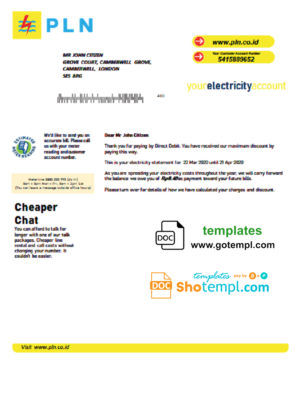 editable template, Indonesia PLN electricity utility bill template in Word and PDF format