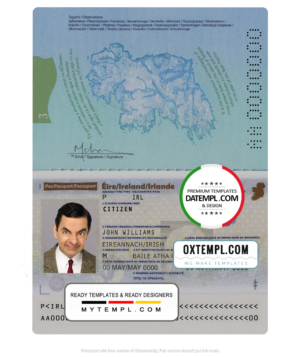 editable template, Ireland passport template in PSD format (+editable PSD photo look), fully editable, with all fonts