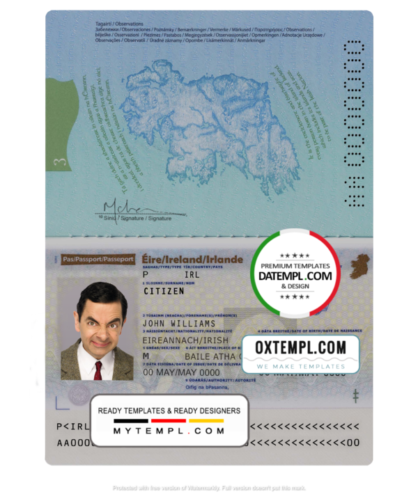 editable template, Ireland passport template in PSD format (+editable PSD photo look), fully editable, with all fonts