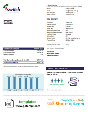 editable template, Singapore I Switch electricity utility bill template in Word and PDF format