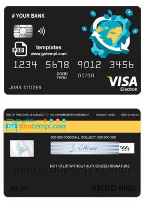 editable template, # jet world universal multipurpose bank visa electron credit card template in PSD format, fully editable