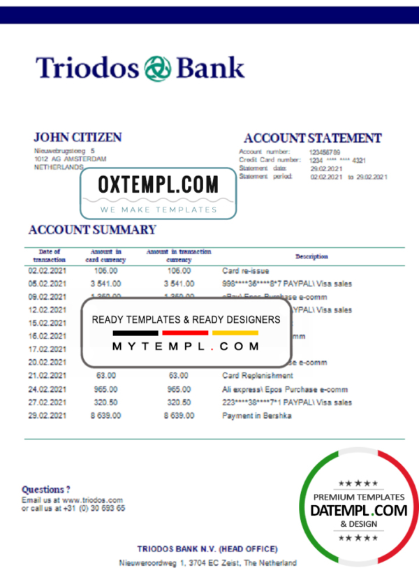 editable template, Netherlands Triodos Bank statement easy to fill template in Word and PDF format