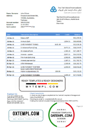 editable template, Tajikistan The First MicroFinance (FMFB) Bank statement template in .xls and .pdf file format