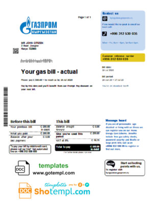 editable template, Kyrgyzstan Gazprom utility bill template in Word and PDF format