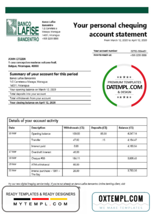 editable template, Nicaragua Banco Lafise Bancentro bank statement template, Word and PDF format (.doc and .pdf)