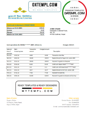 editable template, Nepal Kumari Bank statement template in Excel and PDF format