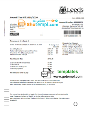 editable template, United Kingdom Leeds City Council tax bill template in Word and PDF format