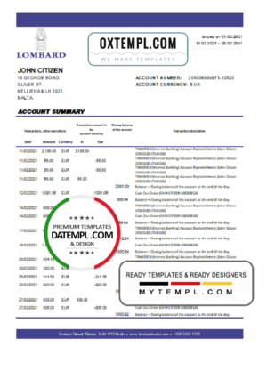 editable template, Malta Lombard Bank Malta p.l.c. bank statement easy to fill template in .xls  and .pdf file format